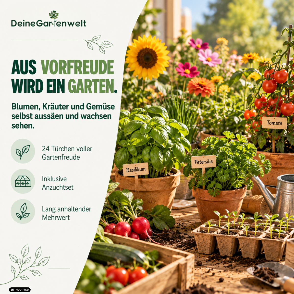 Saatgut Adventskalender mit Anzuchtset – 24 Sorten Blumen, Kräuter & Gemüse