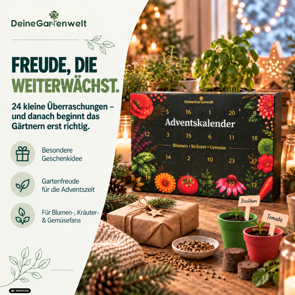 Saatgut Adventskalender mit Anzuchtset – 24 Sorten Blumen, Kräuter & Gemüse